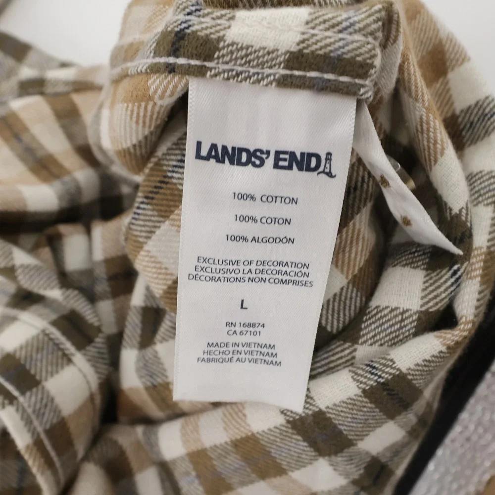 NEW Lands' End Plaid Flannel Shirt Tan Long Sleeve Mens L